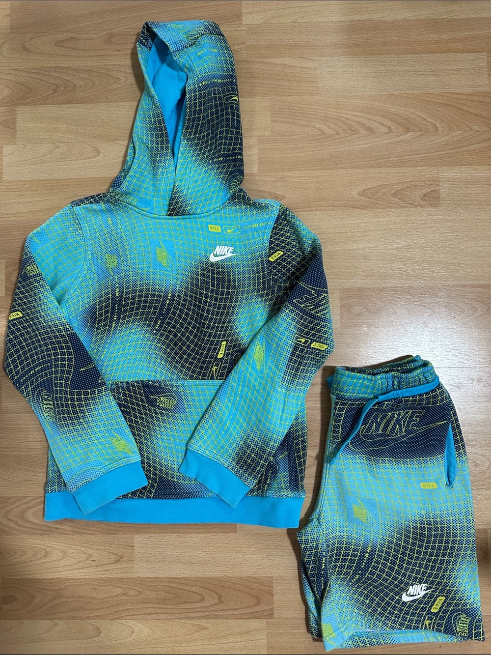 Nike Turquoise Blue & Lime Green Grid Hoodie and Shorts Set